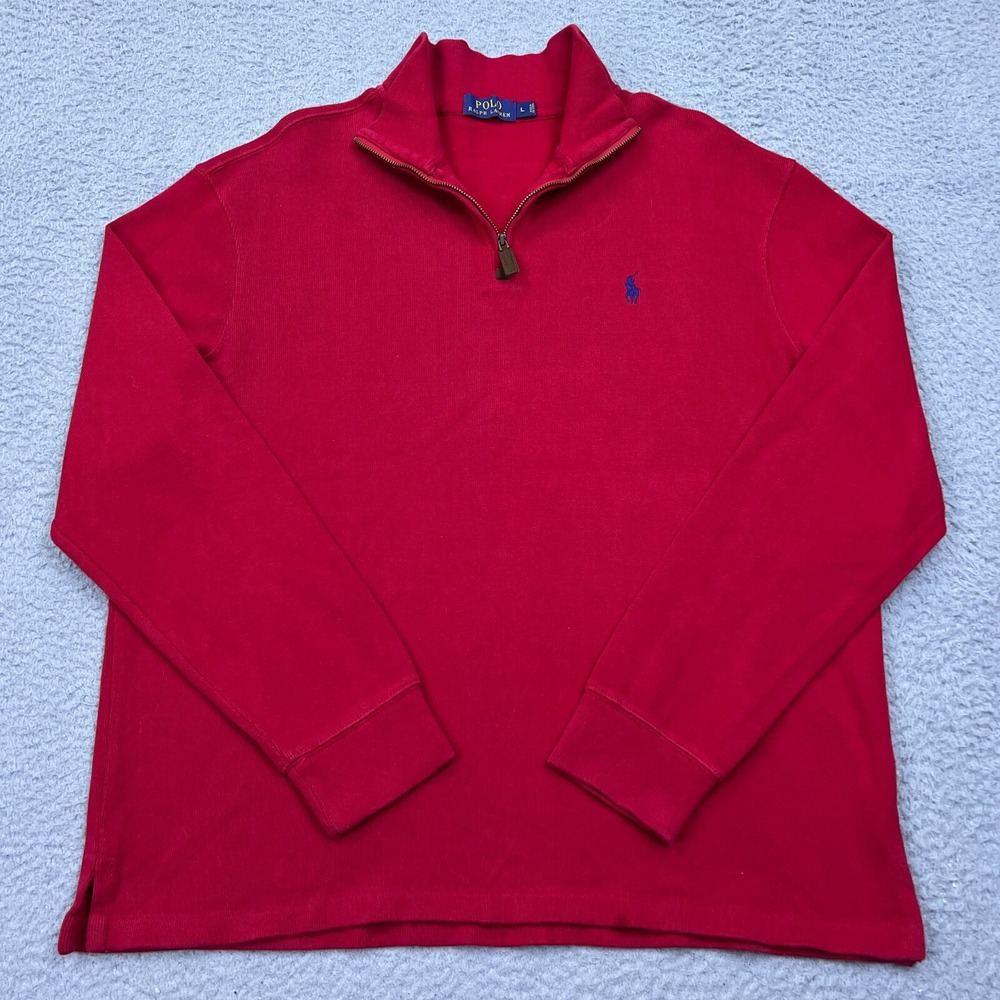 Polo Ralph Lauren Mens 1/4 Zip Sweater L Pullover Red Preppy Knit LS Pullover *